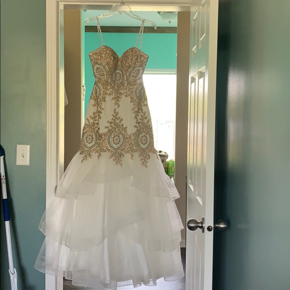 White, blue, and gold prom dress